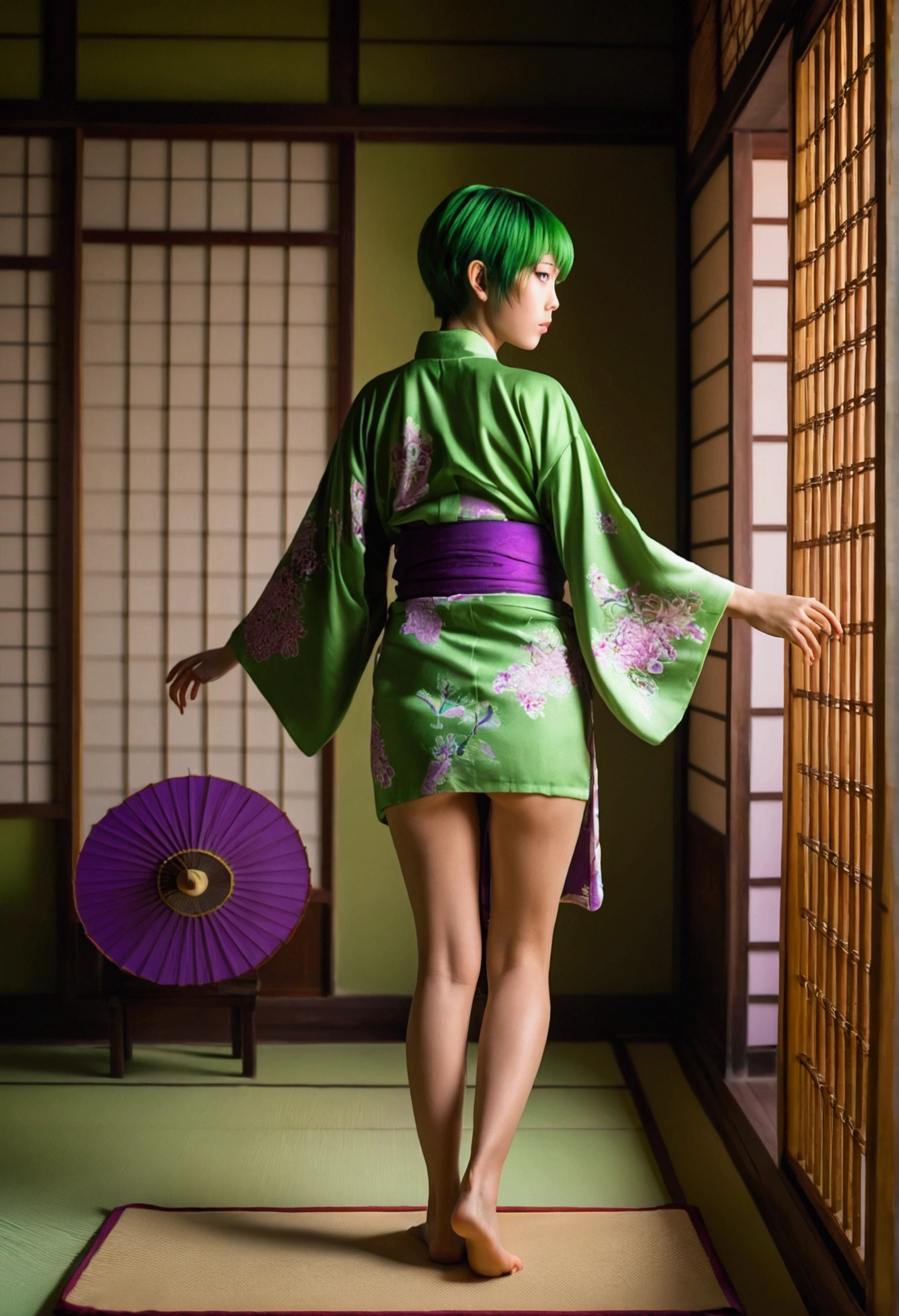 A girl who has her back, in an Asian style room, She is taking off her kimono and is not wearing any clothing underneath., she has short green hair, purple eyes and is staring from the corner.