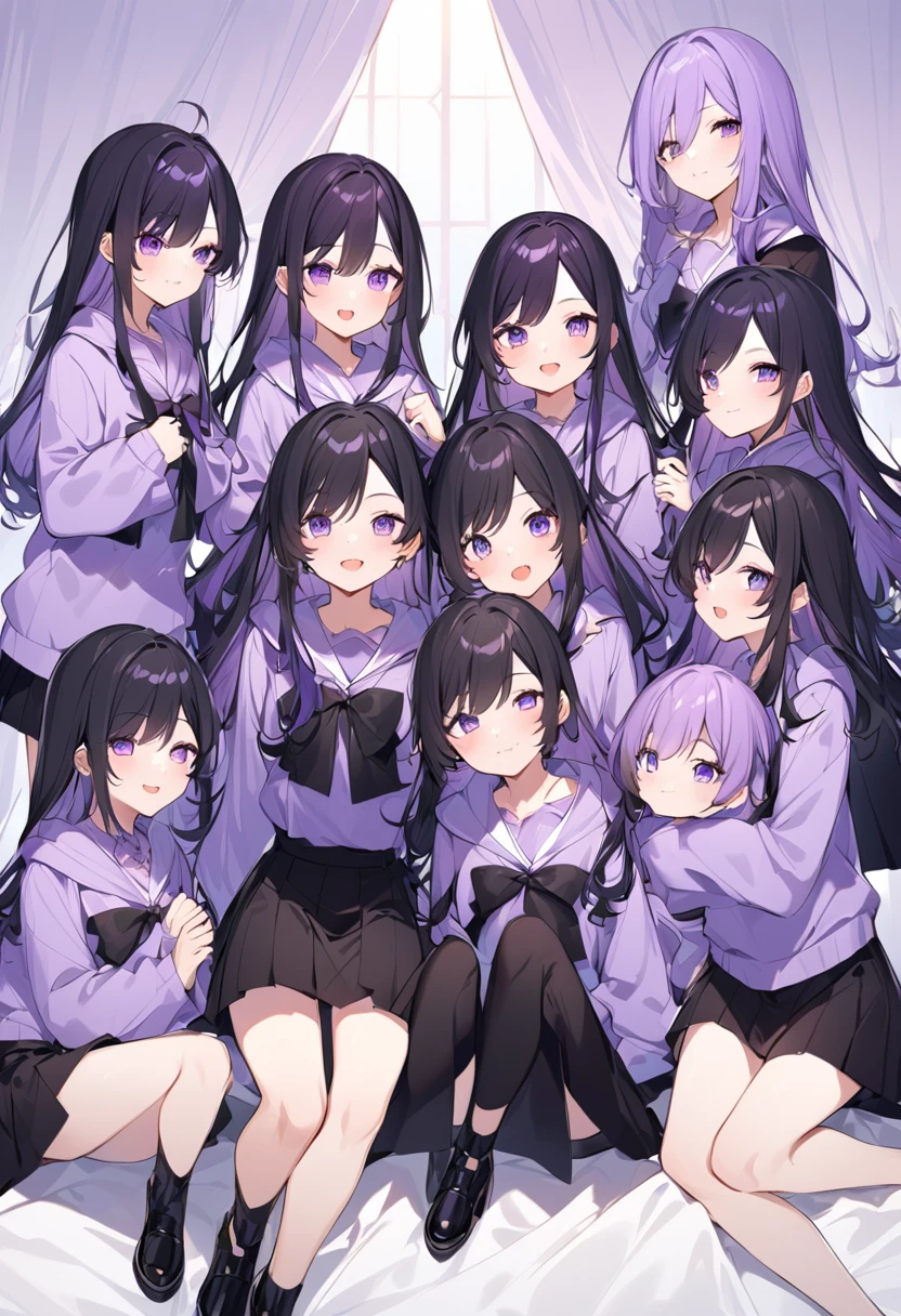 Keito。Purple hoodie。Black Skirt。Purple Eyes。Black Hair。Black shoes下。Black shoes。six sisters。They both have lavender hair。all female。Sextuplets。Purple bed