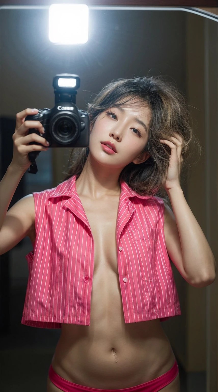 A korean woman takes a mirror selfie with a Canon EOS camera. The camera's flash illuminates the scene, creating a bright glare in the mirror. she has a pear body shape with an larged-size breast, She wears a bright red, vertically striped blazer with rolled-up sleeves, left open to reveal her bare larged-size breast. Her expression is serene, with her eyes slightly closed and her head tilted slightly to one side as she touches her hair with her other hand, messy wavy hair. The background appears dim, giving prominence to the subject in the foreground.