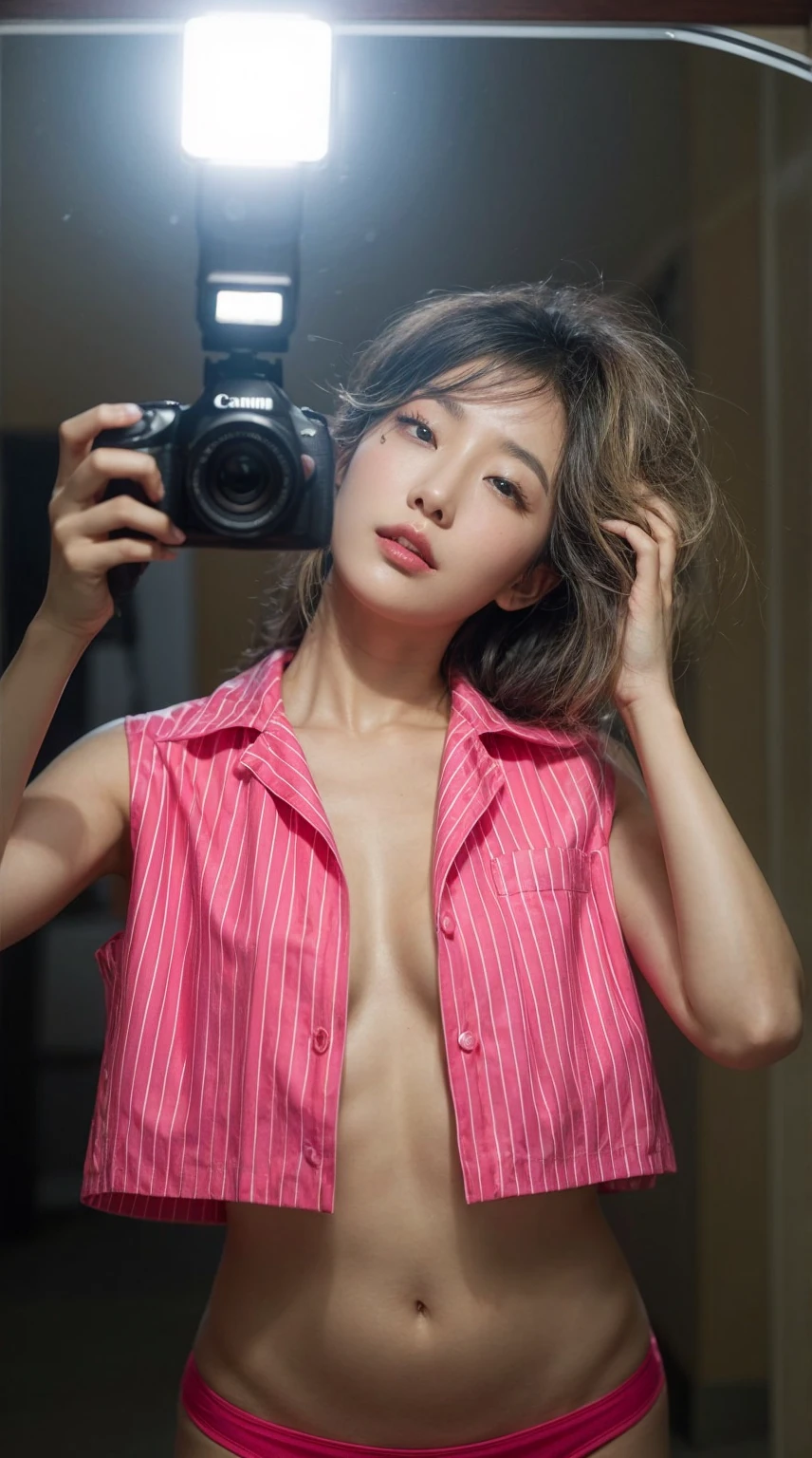 A korean woman takes a mirror selfie with a Canon EOS camera. The camera's flash illuminates the scene, creating a bright glare in the mirror. she has a pear body shape with an larged-size breast, She wears a bright red, vertically striped blazer with rolled-up sleeves, left open to reveal her bare larged-size breast. Her expression is serene, with her eyes slightly closed and her head tilted slightly to one side as she touches her hair with her other hand, messy wavy hair. The background appears dim, giving prominence to the subject in the foreground.