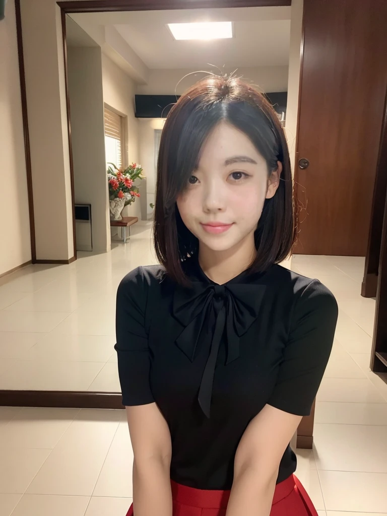 Medium display, Medium Shot, Written boundary depth, bust, Upper Body, Movie angle, masterpiece, Highest quality, Very detailed, CG, 8k wallpaper, Beautiful Face, Delicate eyes, Otome, alone, smile, bangs, skirt, shirt, have, Crimson Dress, bow, petal, bouquet