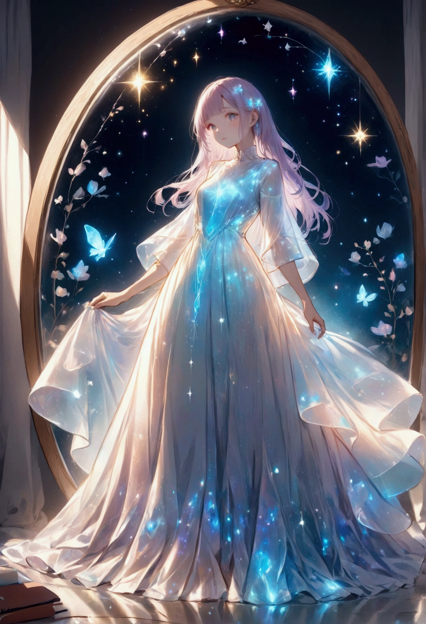 sketch,Pastel colored girl,Draw the outline in white,Gentle colors,White casual clothes that sparkle in the reflected light,,bioluminescent dress,Fantasy,dream