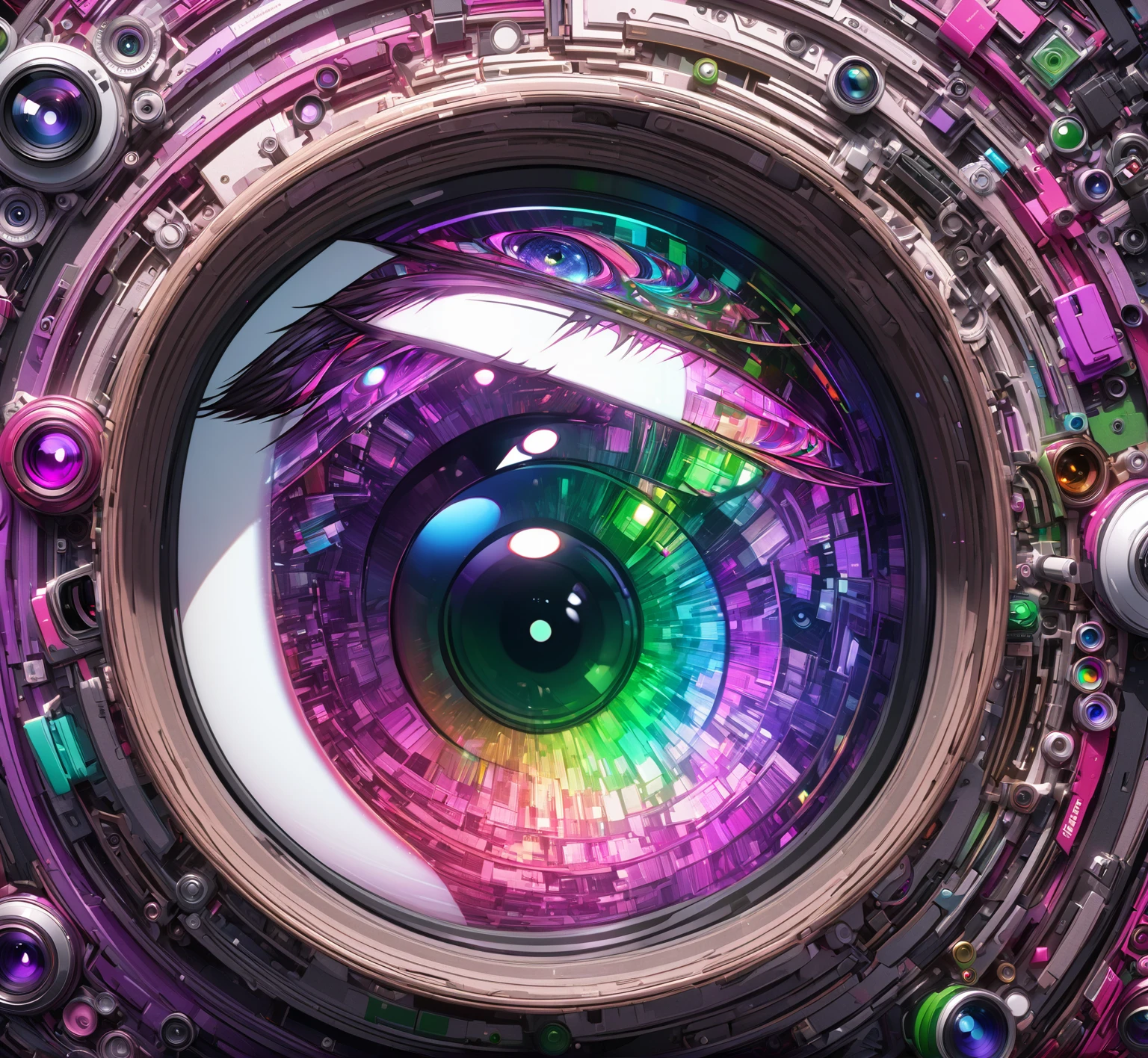Eye, camera lens, white, red, purple, green, pink, 8k unity wallpaper, super detailed