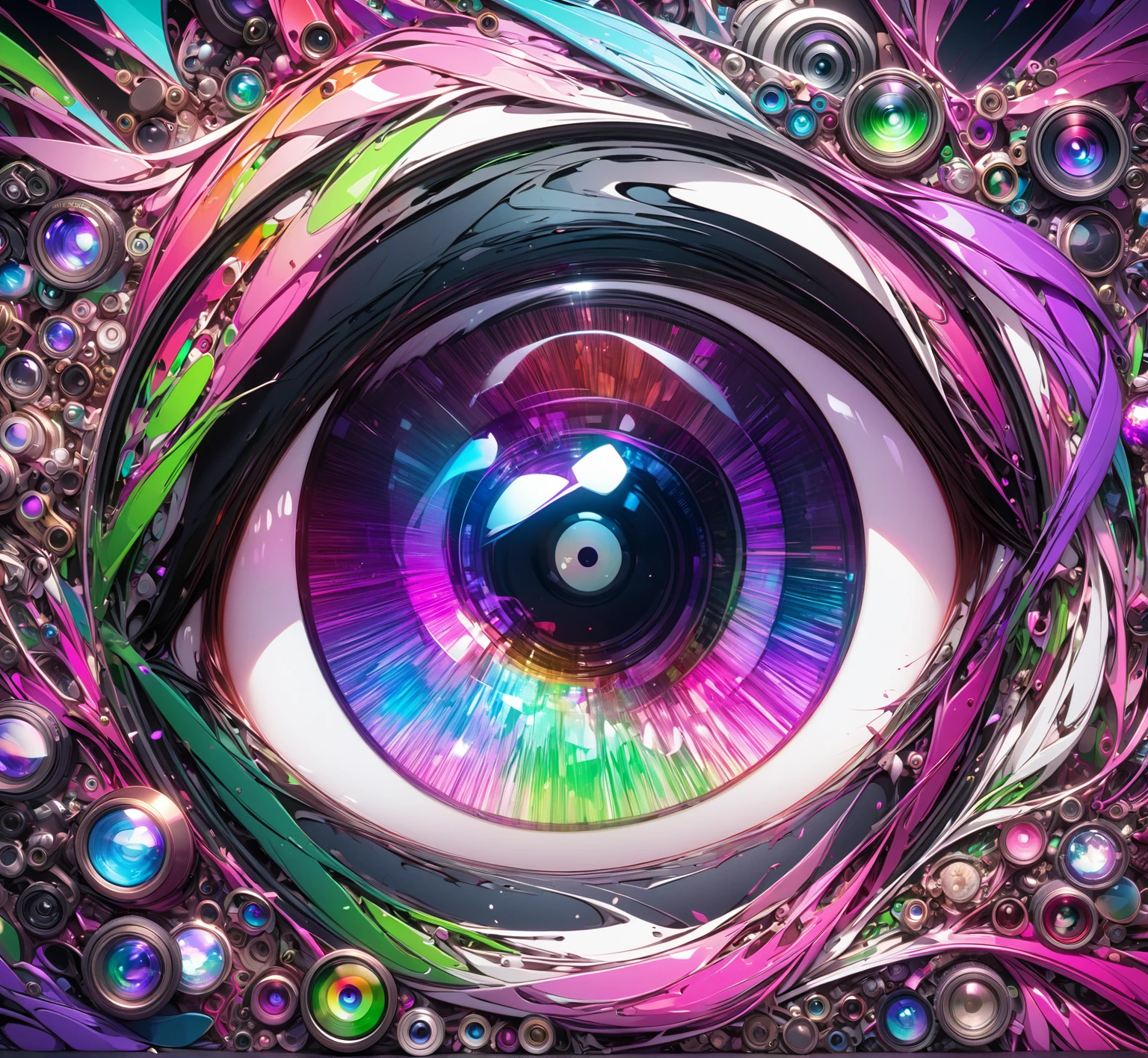 Eye, camera lens, white, red, purple, green, pink, 8k unity wallpaper, super detailed
