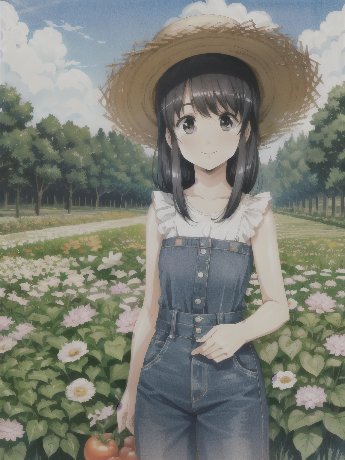 Shoulder-length hair　Black Hair　home garden　Have vegetables　smile　Farms in the background　Summery outfit　Straw hat