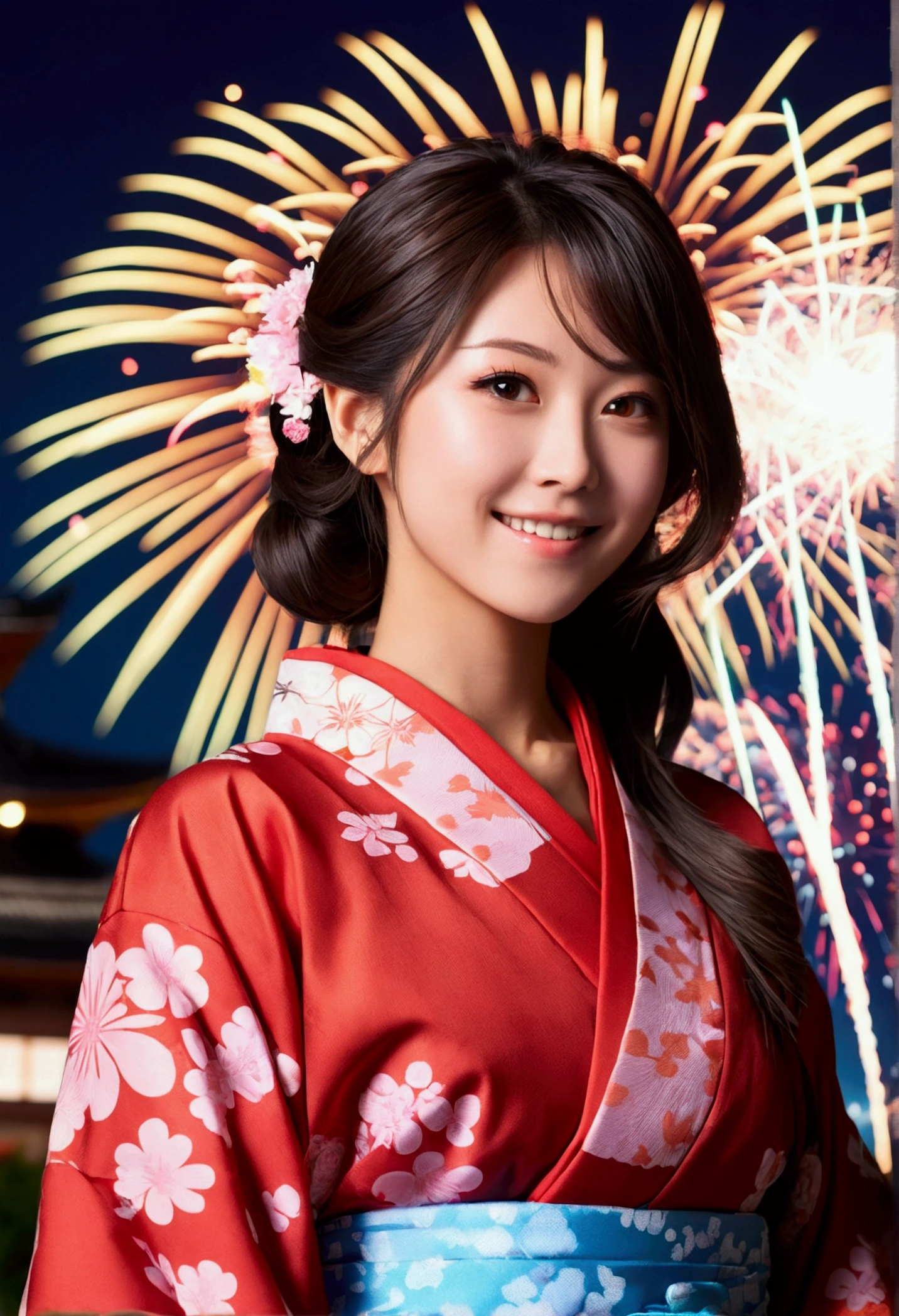 "(((One beautiful woman))), I, Masseter muscle area, Highest quality, Elegant anime style, Yukata outdoors, Spectacular Pyrotechnics, Star mine with a large number of fireworks, Shots from a distance, Backward view, Night view, A shy smile, Bokeh effect and depth of field, High Key Light"