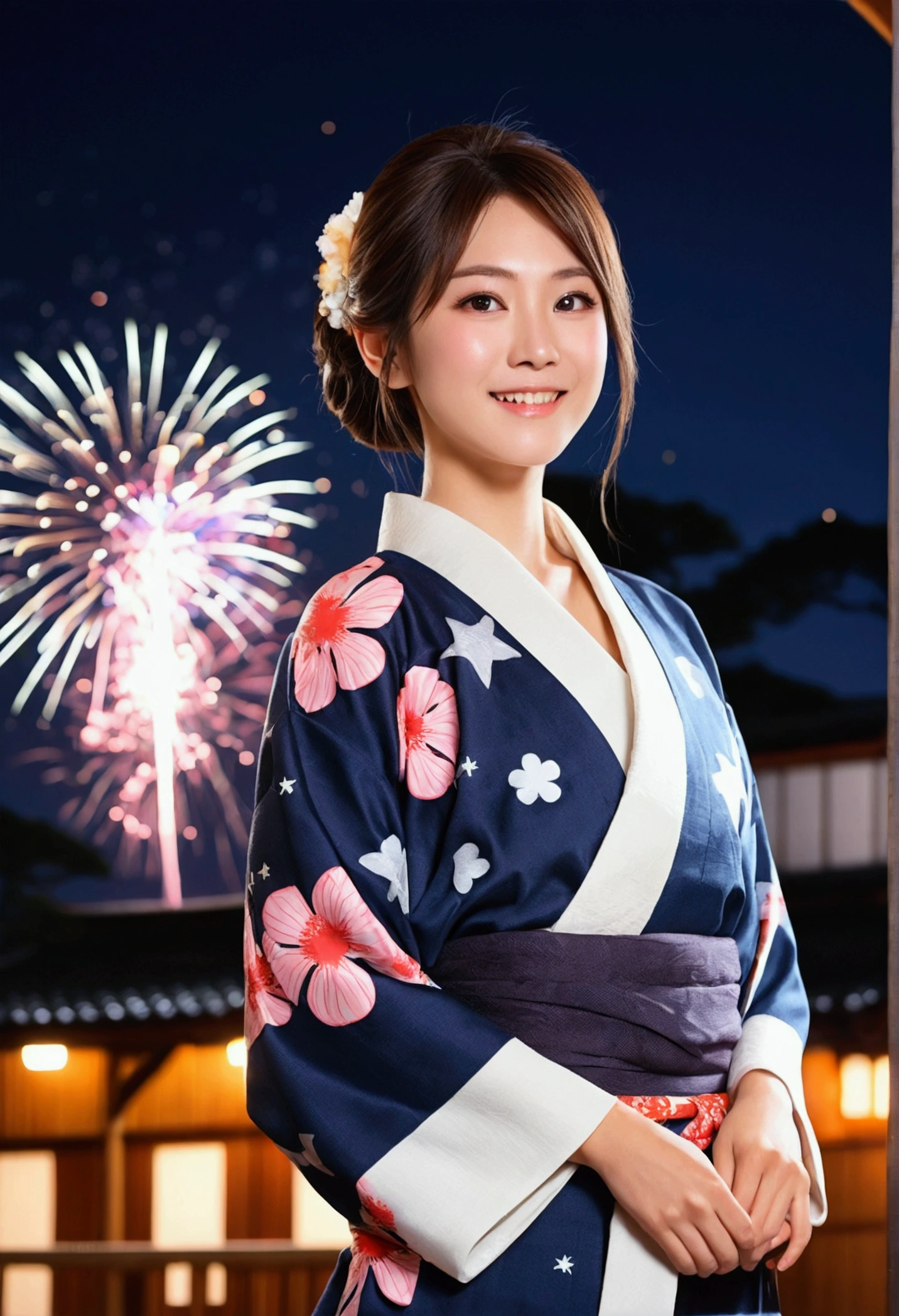 "(((One beautiful woman))), I, Masseter muscle area, Highest quality, Elegant anime style, Yukata outdoors, Spectacular Pyrotechnics, Star mine with a large number of fireworks, Shots from a distance, Backward view, Night view, A shy smile, Bokeh effect and depth of field, High Key Light"