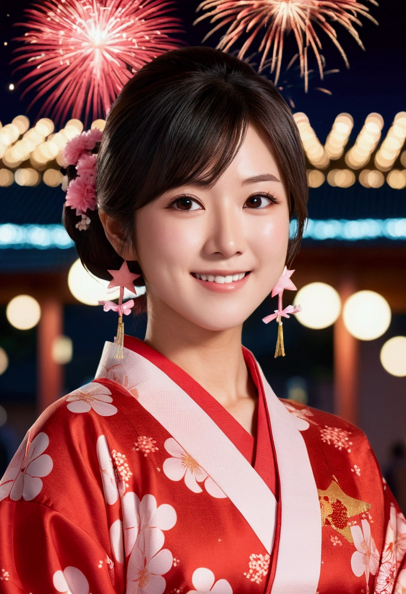 "(((One beautiful woman))), I, Masseter muscle area, Highest quality, Elegant anime style, Yukata outdoors, Spectacular Pyrotechnics, Star mine with a large number of fireworks, Shots from a distance, Backward view, Night view, A shy smile, Bokeh effect and depth of field, High Key Light"