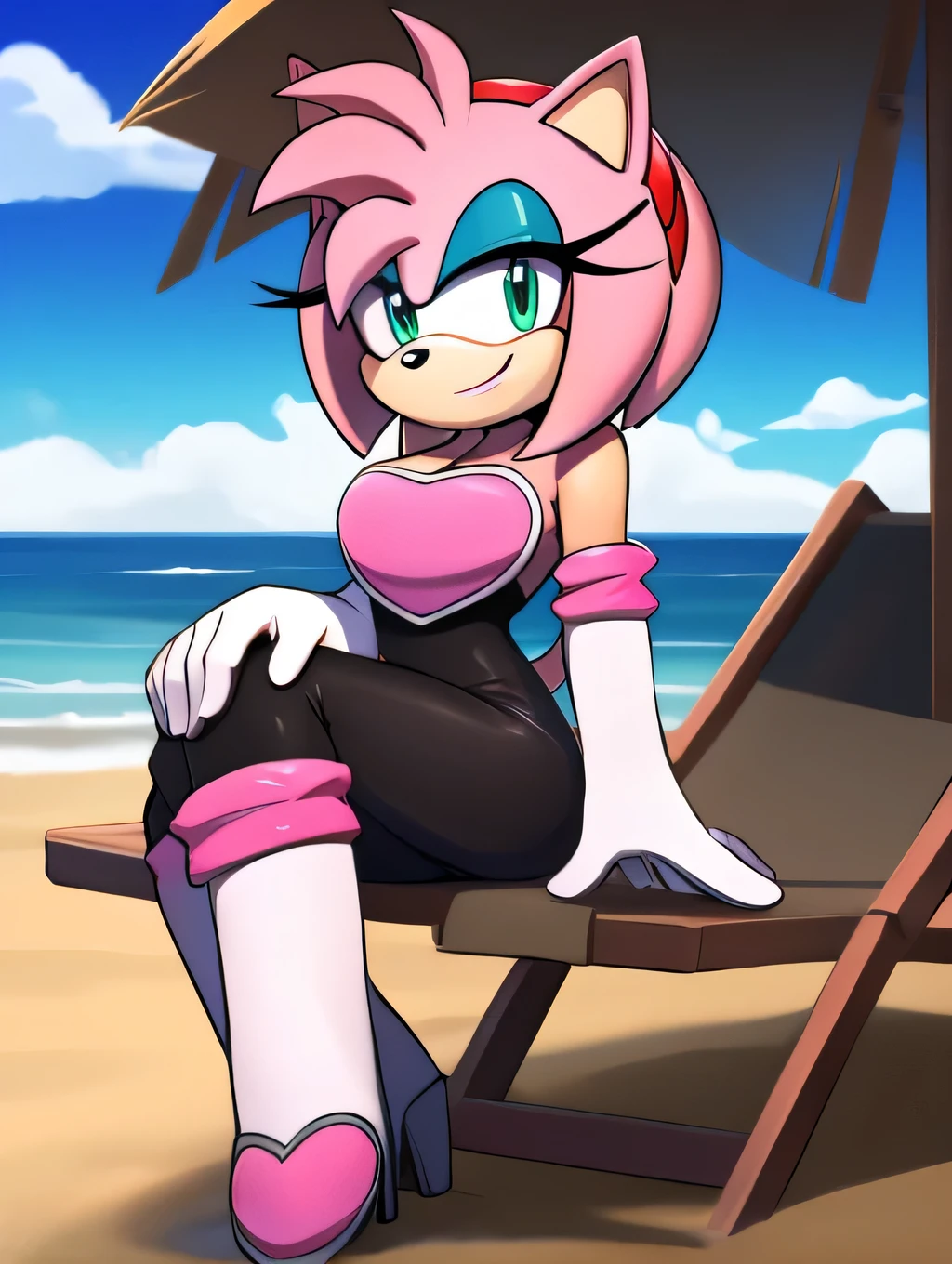 Amy Rose, furry female, green eyes, two tone body fur, pink body fur, clear yellow body fur, pink spiky hair, spiky ponytail, small breasts, ((flower on hair, red frilly bikini, red frilly skirt, red flip flops)), detailed body fur, detailed body, detailed face, detailed eyes, glistering body, shiny body, skinny, (best quality), cinematic lighting, looking at viewer, anime style, full body, feets with three toes, beach, clear sky, wet body fur, 1girl, :3, sit on beach chair,