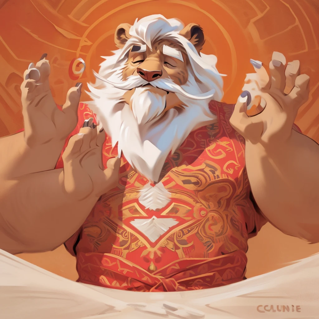 by chunie by catsudon by retros, male,((mature,mature male)),((Bearded,mustache)), felid, solo, Lion,dad bod,(white hair), facial hair, facing viewer, (((closed eyes))), ((smilling)), feline claws, ((5 fingers)), red and orange spiral background, shirtless, smile, ((((ok gesture)))), palm forward,
