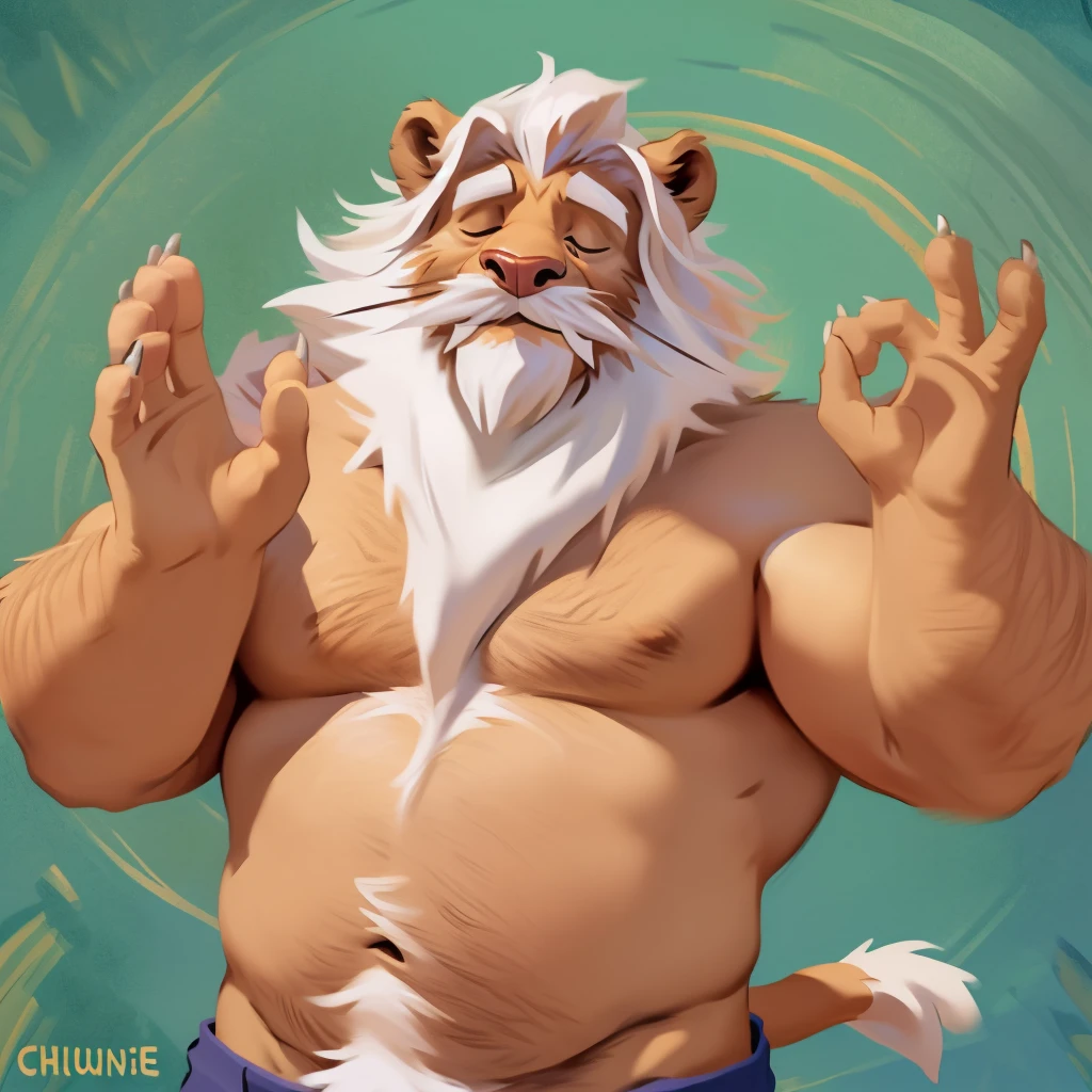 by chunie by catsudon by retros, male,((mature,mature male)),((Bearded,mustache)), felid, solo, Lion,dad bod,(white hair), facial hair, facing viewer, (((closed eyes))), ((smilling)), feline claws, ((5 fingers)), red and orange spiral background, shirtless, smile, ((((ok gesture)))), palm forward,