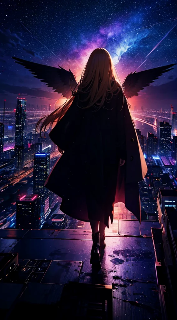 １people々々々々々々,Blonde long-haired woman，Long coat， Dress Silhouette， Rear View，Spreading Wings of Malice，Space Sky, comet, Anime Style, City night view from the rooftop，