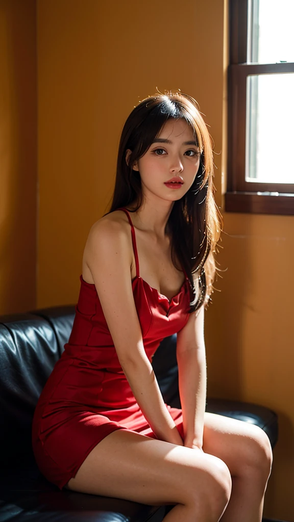 1 woman,alone,flower,mini dress,long hair,red mini dress,touch one&#39;s stomach,black hair,bijouterie,earring,bare shoulders,colorful flower,lying,White Theme,off shoulder,off-shoulder mini dress,rose,pink rose,behind,Lips,chest,parted Lips,Eyelashes,clavicle,