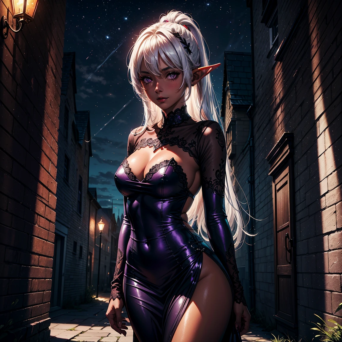 1girl, (solo), elf, long asymmetrical hair, white hair, long pointed ears, ((purple eyes!!)), smile, blushing, (medium breasts), dark skin, sexy red dress, walking, from the side, medieval castle behind, medieval castle, (night), (very sexy body, detailed face, detailed eyes, masterpiece, highly detailed, 8k, best quality, vibrant colors, digital art, concept art)