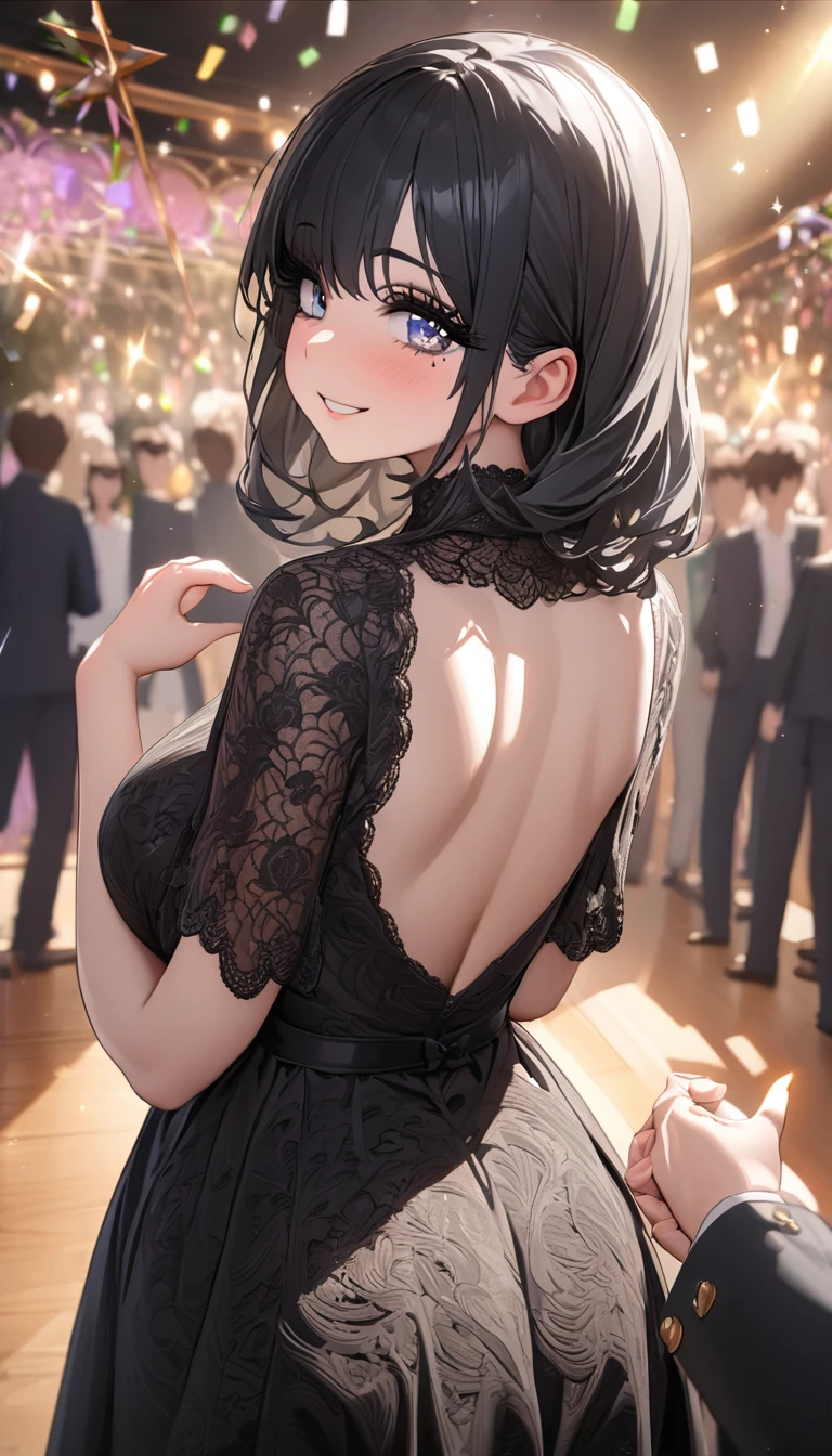 ((最high quality, 8k, masterpiece)), High resolution、（high quality: 1.5）、Very detailed、Detailed face、Bright colors、Natural light、Fine grain、Colorful eyes、Beautiful Face、非常にDetailed faceのテクスチャの女性,masterpiece, 最high quality, Detailed and beautiful eyes,最high quality、Best image quality、masterpiece、,high school girl,(Fine skin:1.2), Black Hair,,(eyelash), (eye shadow),smile,from behind,behind,Show me your hand,(Wave your hand here),(Turn your hand here),Sparkling,Party Venue,(Beautiful attention to detail:1.4), (Black lace dress) ,A nice face,,Large Breasts,