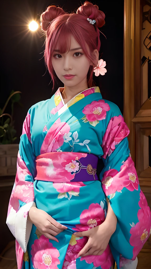 “A beautiful anime-style girl with pink hair styled in twin buns, wearing a traditional floral-patterned kimono with blue and yellow obi, standing among vibrant peony flowers. She has an intense glare, with narrowed eyes, furrowed brows, and a fierce, intimidating expression. The background is a soft, bright sky with a few petals falling around.”