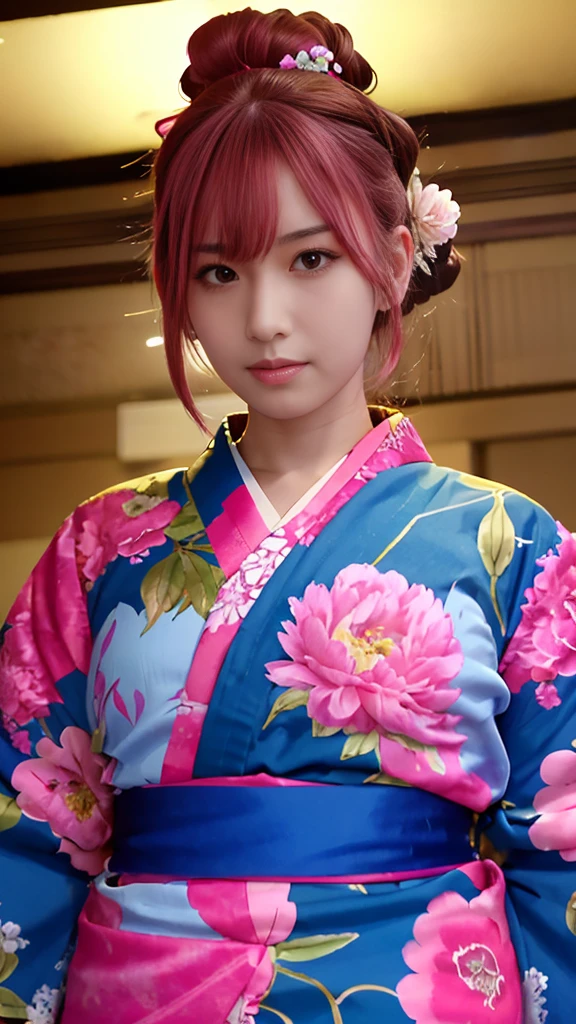 “A beautiful anime-style girl with pink hair styled in twin buns, wearing a traditional floral-patterned kimono with blue and yellow obi, standing among vibrant peony flowers. She has an intense glare, with narrowed eyes, furrowed brows, and a fierce, intimidating expression. The background is a soft, bright sky with a few petals falling around.”
