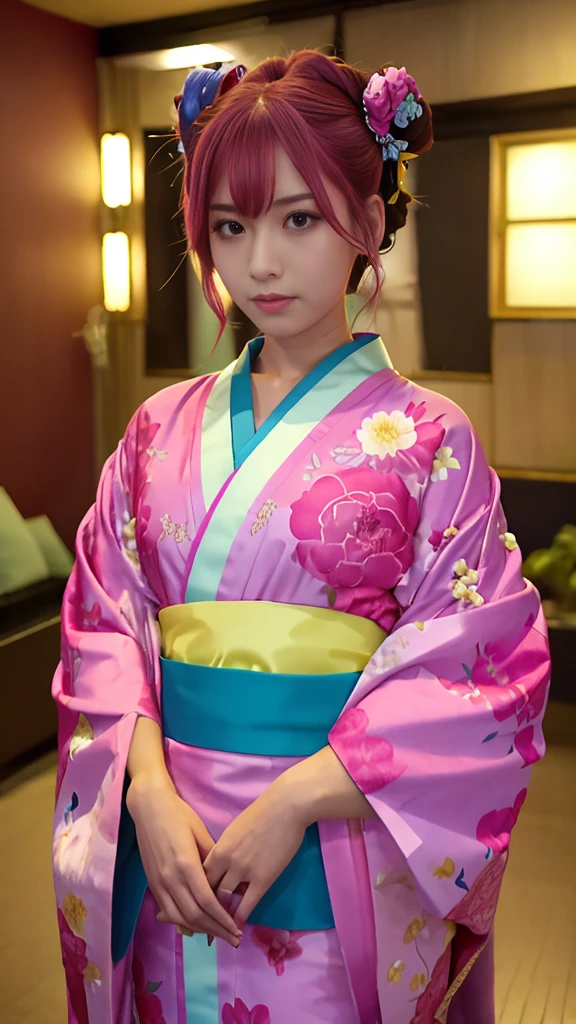 “A beautiful anime-style girl with pink hair styled in twin buns, wearing a traditional floral-patterned kimono with blue and yellow obi, standing among vibrant peony flowers. She has an intense glare, with narrowed eyes, furrowed brows, and a fierce, intimidating expression. The background is a soft, bright sky with a few petals falling around.”