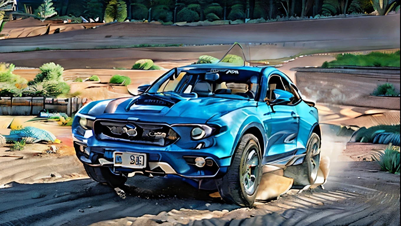 1 car with details from the 2020s, cerulean, demoted, dirty with earth and sand, agricultural fund, detailed back ground 