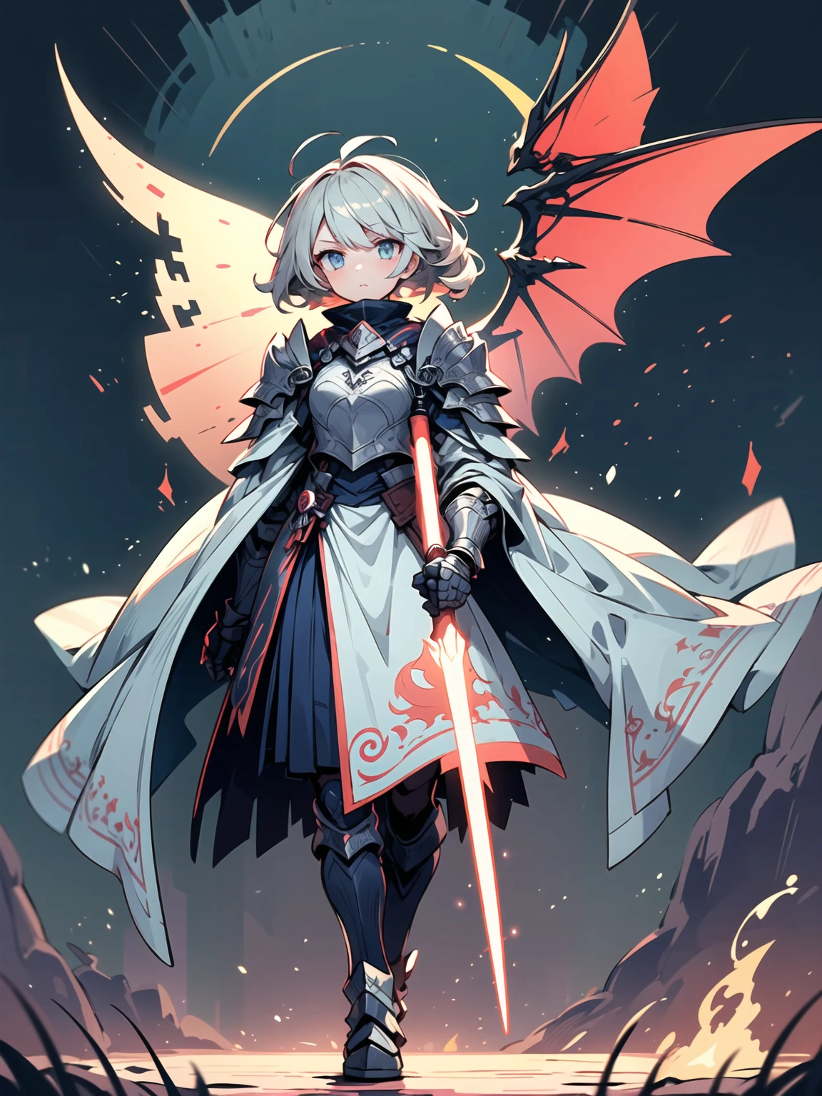 (masterpiece), (best quality), (high uqality), (8k), girl, (full-body), dragon armor, intricate details, red glow, short shilver hair, back messy hair, detailed hair strands, light blue eyes, dominance expression, walking in lesser caotic place as she rule the world, fire background, and dragons in the night sky, fierce aura, (high quality ilumination)
