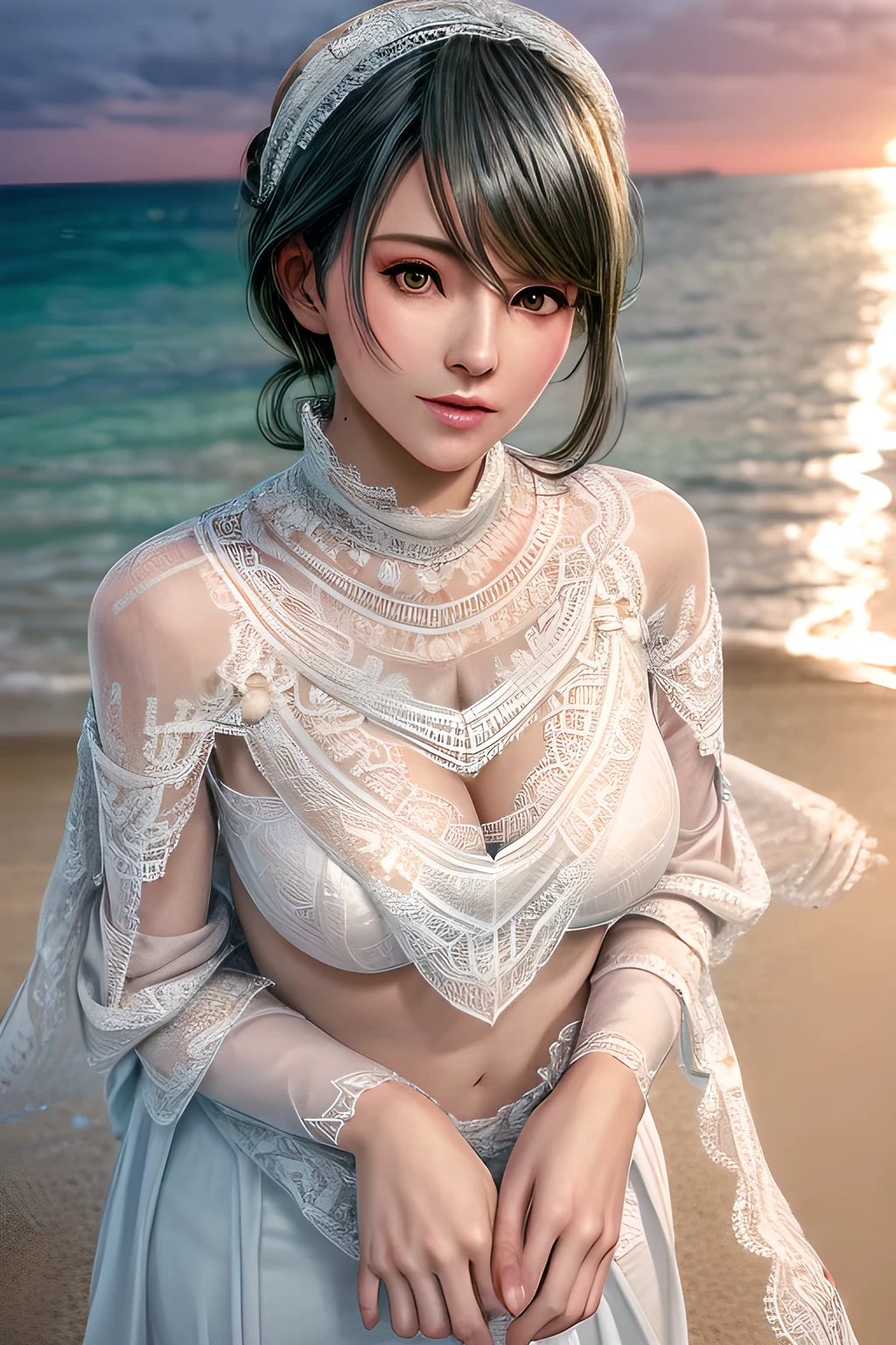 1girl , wearing a wedding dress with (a sweetheart neckline on the upper part:1.2),( a beautiful lace shawl:1.5), and long sleeves that add to her elegance,outdoors,At the seaside at sunset,huge breasts,Tamaki,