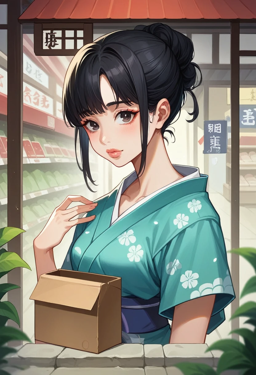 ((Highly detailed 8K module CG background, Masterpiece, High accuracy, Quality,)), ((Very beautiful woman, Of expressions, Lush lips, Pose like a model:1.5,High heels， Upper body, Japanese style short outer box, The Japanese design has very short sleeves，Japanese patterned robe)), (Shaggy black hair, White-skinned, small), ((Corner store，the night，Bright Street )),