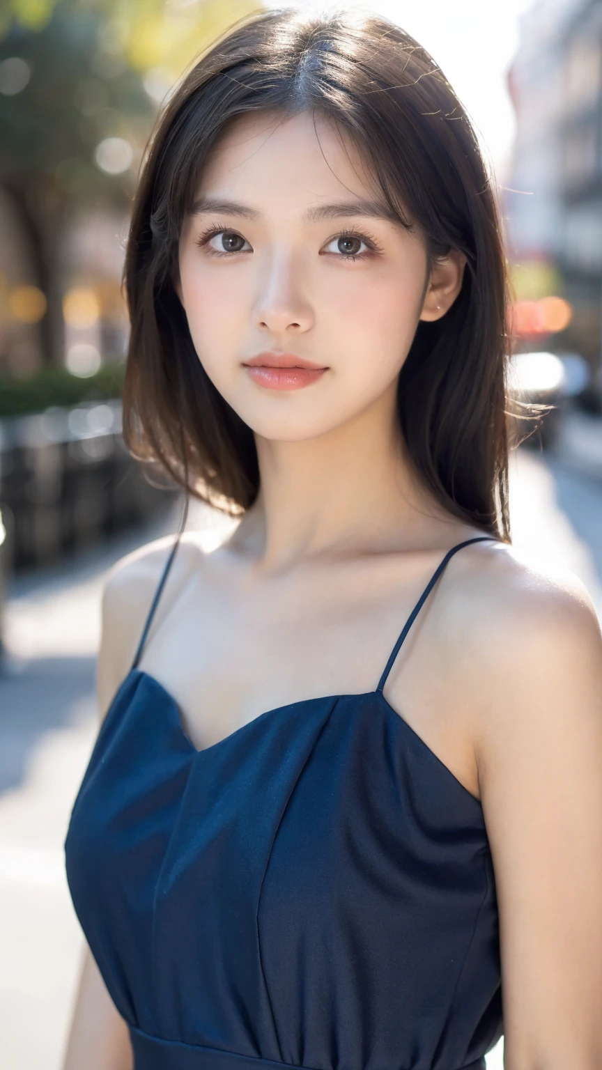 ((Best quality, 8k, masterpiece:1.3)),1girl,18 years old,Asian,Real texture:1.3,(Background blur:1.1),Dress Up,Tall and slender figure:1.2,(Hot summer weather),(street:1.3),Highly detailed face and skin textures,Exquisite eyes,Long eyelashes,Double eyelids,Skin Whitening,happy,Various postures,Beautiful breasts