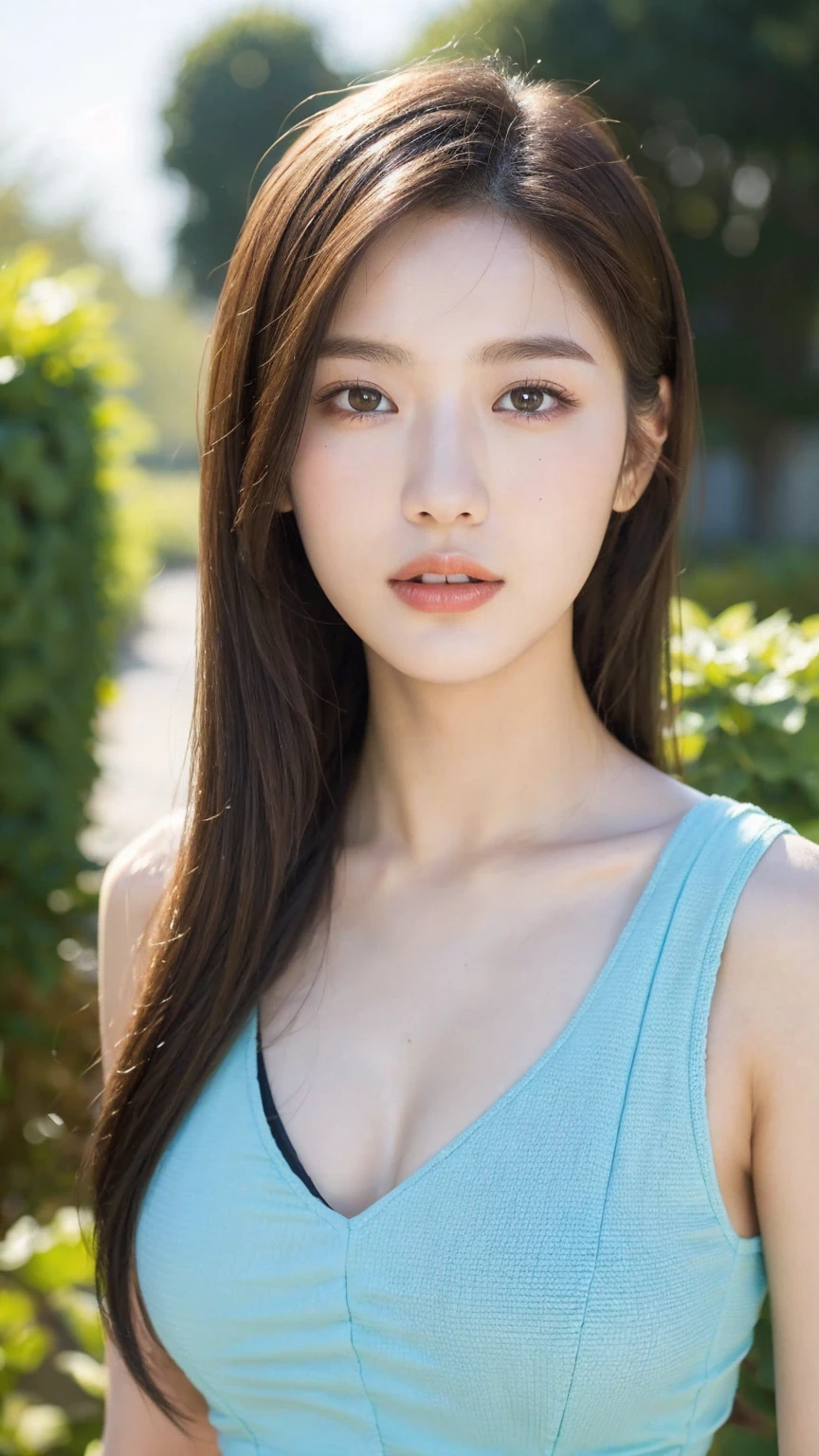 ((Best quality, 8k, masterpiece:1.3))，1girl，18 years old，Asian，Real texture:1.3，(Background blur:1.3)，Dress Up，Tall and slender figure:1.2，(Hot summer weather)，（garden:1.3），Highly detailed face and skin textures，Exquisite eyes，Long eyelashes，Double eyelids，Skin Whitening，happy，Beautiful breasts