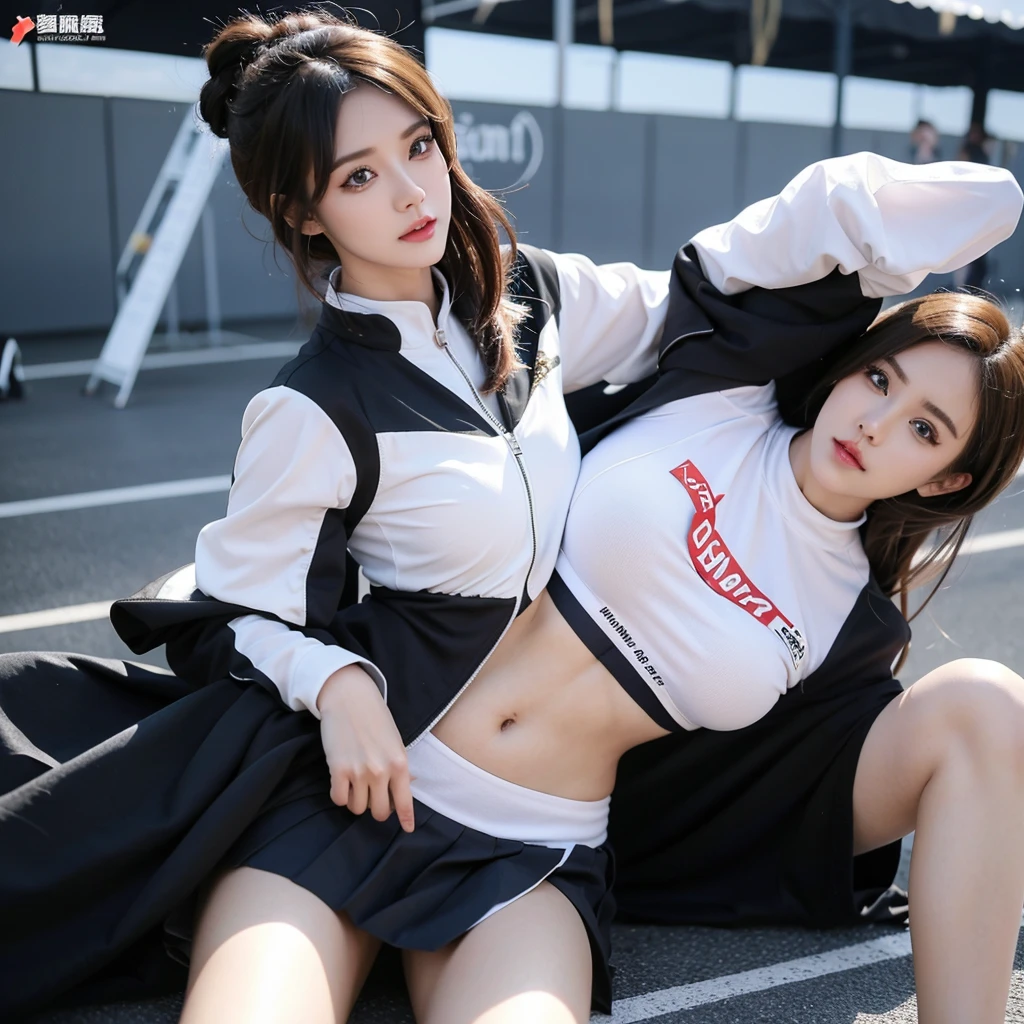 Super detailed photos、Detailed face、Lip gloss、Cool woman、Colorful costumes、F1 Driver Cosplay、Colorful costumes、Clothing with company logo、Grid Girlsのカラフルで派手な衣装、Grid Girls、Perfect Face、Paddock Girls、Harem、motor Show、tights、Bodycon Costumes、Grid Girls、Russia、Grid Girlsのコスプレ、belly button、Pleated skirt、Bodycon Costumes、Legs open pose、Spread your legs to show your crotch