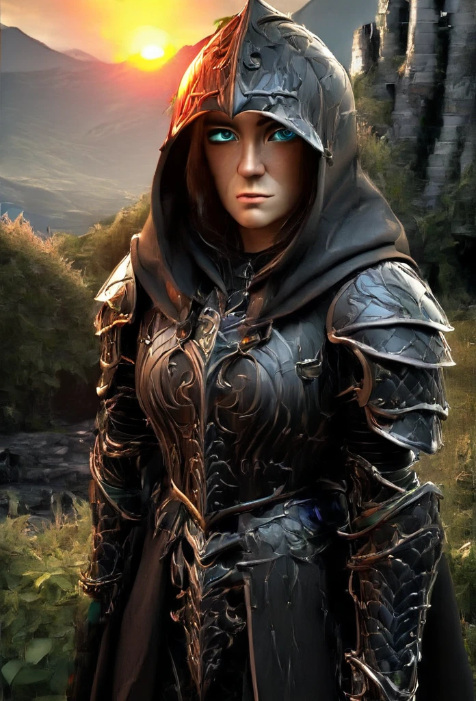 a warrior in leather armor and hooded cloak,(best quality,4k,8k,highres,masterpiece:1.2),ultra-detailed,(realistic,photorealistic,photo-realistic:1.37),highly detailed face and eyes, extremely detailed face, intricate armor details, flowing hooded cloak, setting sun lighting, moody dramatic lighting, fantasy landscape, overgrown ruins, distant mountains, lush foliage, dramatic shadows, vibrant colors, cinematic composition