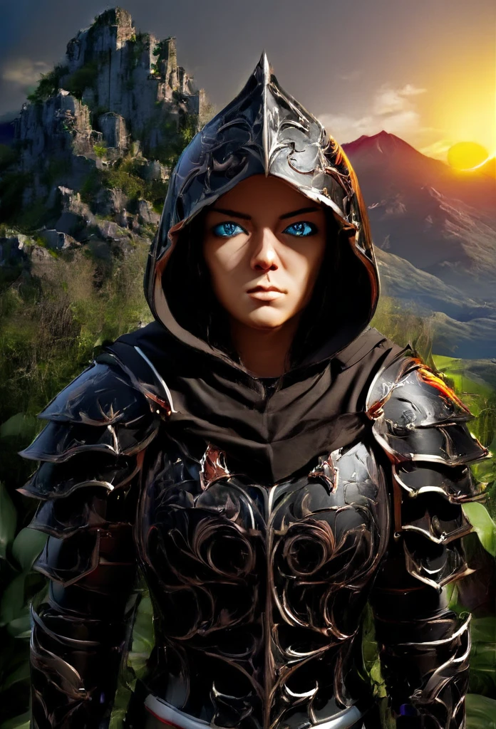 a warrior in leather armor and hooded cloak,(best quality,4k,8k,highres,masterpiece:1.2),ultra-detailed,(realistic,photorealistic,photo-realistic:1.37),highly detailed face and eyes, extremely detailed face, intricate armor details, flowing hooded cloak, setting sun lighting, moody dramatic lighting, fantasy landscape, overgrown ruins, distant mountains, lush foliage, dramatic shadows, vibrant colors, cinematic composition