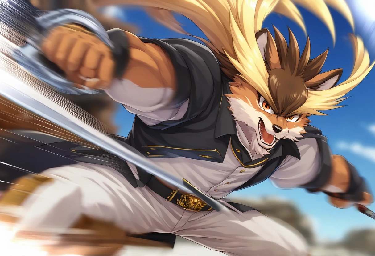top quality, high-quality illustrations((masterpiece))depth of field, motion blur, absurdres, Perfect Anatomy, magnificent picture of kemono fighting fierce battles, kemono, 1boy, solo focus, Anthro((dramatic))epic, weapon, dynamic pose, One scene of movie,