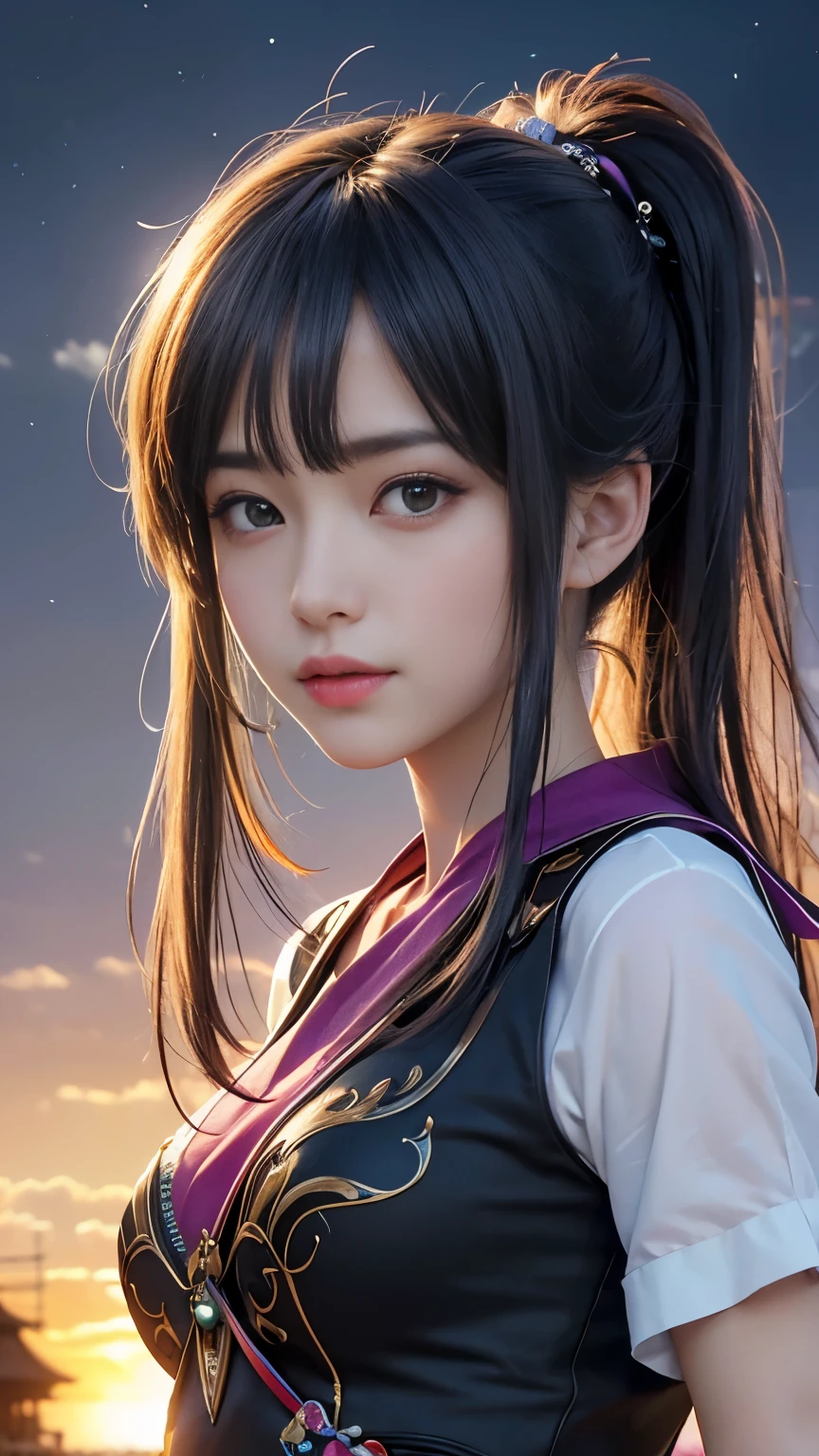 (masterpiece, 最high quality, 最high quality, Official Art, beautifully、aesthetic:1.2),  Very detailed,colorful,Most detailed,night、深night、Degrees of Freedom:1.8、Anatomically correct , (Shiny skin), (Many colors:1.4), beautiful、Japanese、Shrine maiden、Super big breasts:1.99、Small waist:1.3、High resolution、high quality、high resolution、Realistic、realism、Photorealistic、Realistic textured face and body、Perfect Anatomy、beautiful、Rainbow Hair、realism、Realistic、Photorealistic、Raw photo、超A high  resolution  、SLR、Octane Rendering、Detailed Background:Sunset、Big Tits、