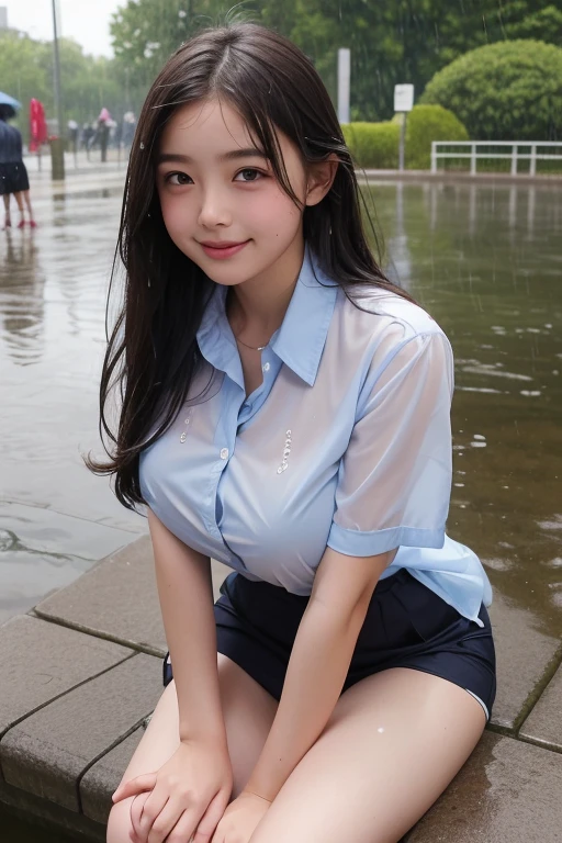 (Best-quality, Masterpiece, Ultra-High-Resolution, (Photorealistic:1.4), Raw Photo, depth of field, professional lighting, perfect anatomy, extremely details), (((at school-playground in heavy-rain))), 1girl, 15-years-old, the most famous Japanese idol, (extremely cute face, ((extremely cute and extremely big eyes)), (extremely wet hair), extremely beautiful skins, extremely cute long-eyelashes, extremely cute lips), (((wearing navy-blue rain-soaked pleated skirt and white rain-soaked short sleeves dress-shirt))), extremely cute rain-soaked-body, extremely cute rain-soaked-thighs, looking at viewer, innocent smile
