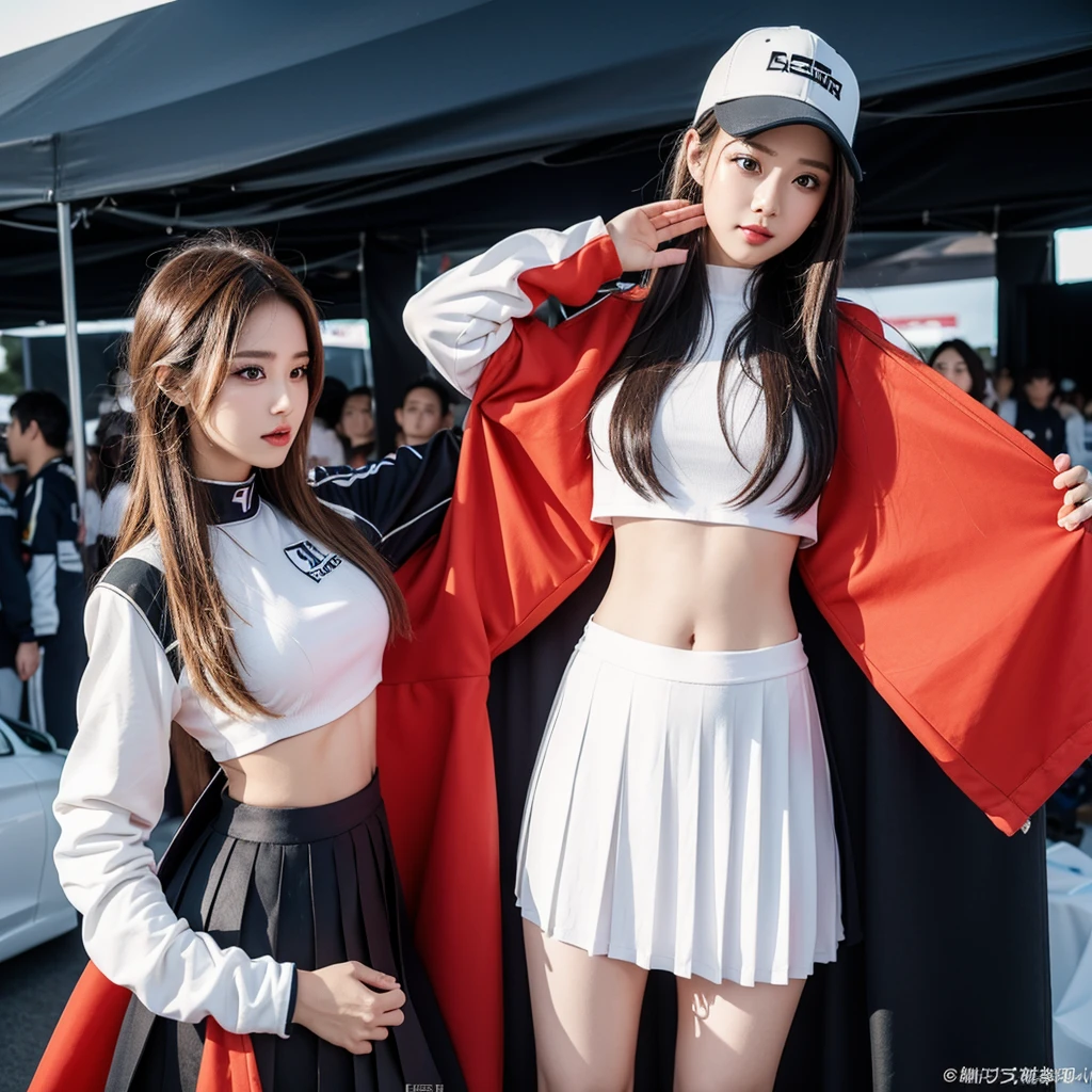 Ultra detailed face、Cool woman、Colorful costumes、F1 Driver Cosplay、Colorful costumes、Clothing with company logo、Grid Girlsのカラフルで派手な衣装、Grid Girls、Perfect Face、Paddock Girls、Harem、motor Show、tights、Bodycon Costumes、Grid Girls、Russia、Grid Girlsのコスプレ、belly button、Pleated skirt、Bodycon Costumes、Photographed in a sexy pose