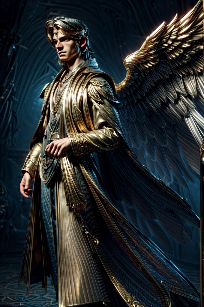 a man with angelic features, in a spiritual mystical dimension, room with magical energy, tarot cards on the floor, cinematic lighting, intricate details, ethereal atmosphere, dramatic chiaroscuro, muted color palette, photorealistic, highly detailed, masterpiece, blue and gold light