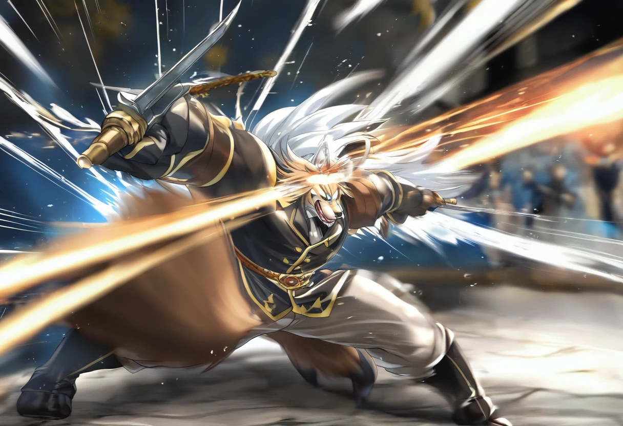 top quality, high-quality illustrations((masterpiece))depth of field, motion blur, absurdres, Perfect Anatomy, magnificent picture of kemono fighting fierce battles, kemono, 1boy, solo focus, Anthro((dramatic))epic, weapon, dynamic pose, One scene of movie,