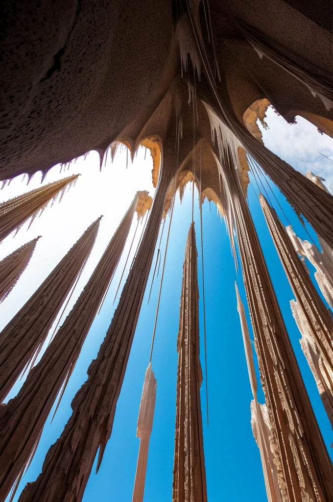stalactites, 3-color, wide-angle screen, photographic style