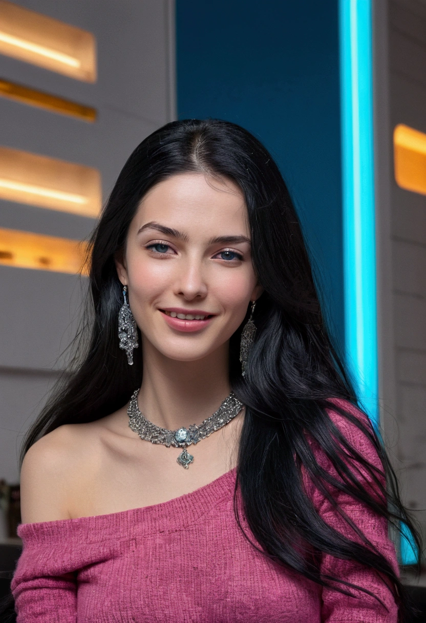 (Tabletop, Digital Art, Digital Illustration, 4K, 8k, Very detailed, Beautiful images, Clear images, Realistic, RAW Photos, Perfect Face, Perfect Lines, Perfect Eyes, Soft lighting) ,1 female, (Long black hair,Bullish gaze,Beautiful woman,Mouth closed,Grin,mature,thin,23-year-old female,:1.3),Wearing an off-the-shoulder black sweater, She looks at the viewer.、Earrings and necklace in rose gold、Black and blue gradient background
