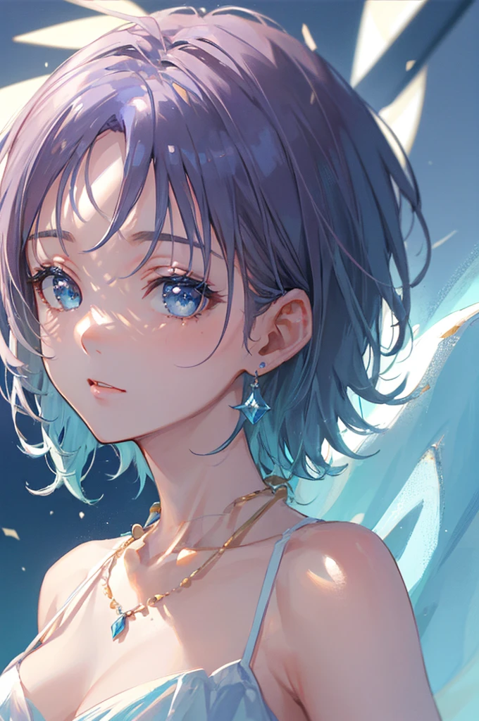 masterpiece, top-quality, illustratio, Saxophone Blue, Platinum Earrings, Platinum Necklace, white dres, 1girl, cute little, (Dynamic lighting:1.2), lighting like a movie, delicated facial features, A detailed eye, Sharp pupils, Realistic pupils, depth of fields, bokeh dof, foco nítido, (ultra-detailliert, Bloom, Glow:1.4), Many Small Gems, (((Short_hair))),