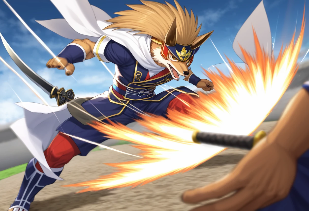 top quality, high-quality illustrations((masterpiece))depth of field, motion blur, absurdres, Perfect Anatomy, magnificent picture of kemono fighting fierce battles, kemono, 1boy, solo focus, Anthro((dramatic))epic, weapon, dynamic pose, One scene of movie,