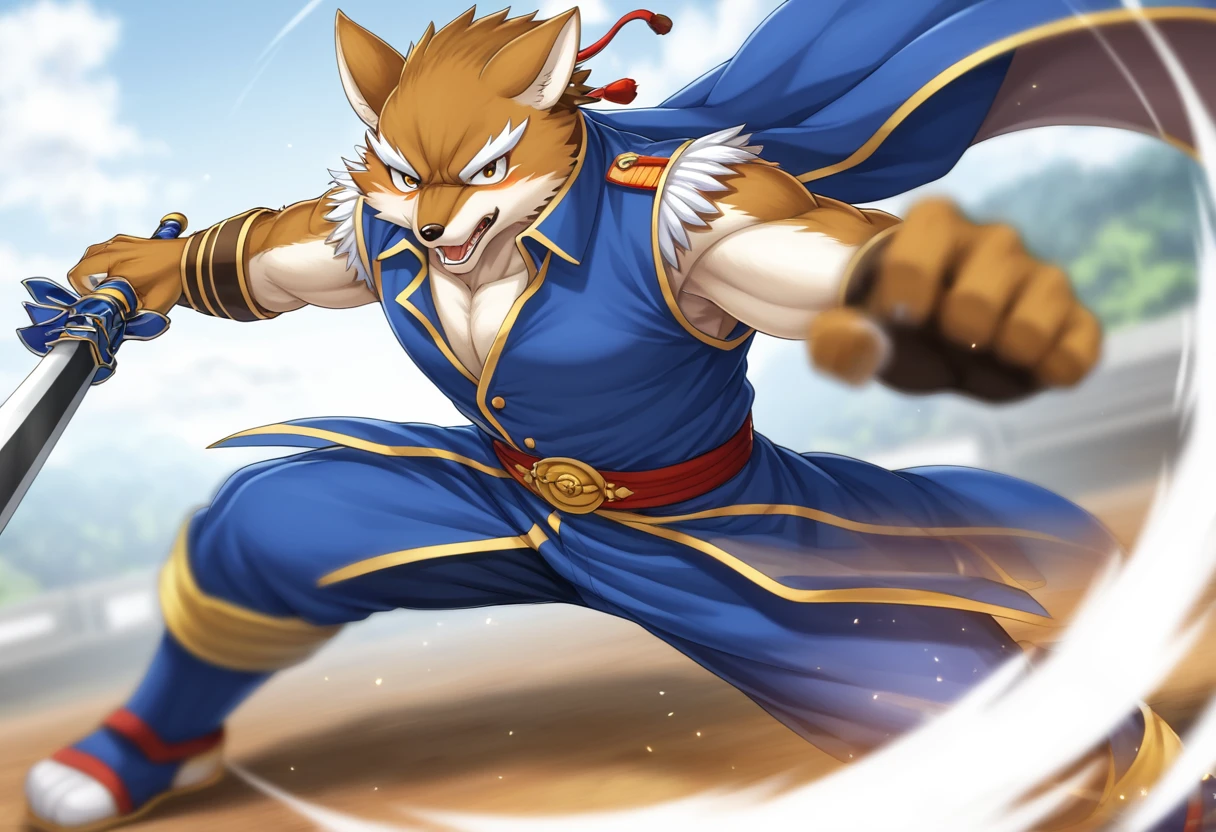 top quality, high-quality illustrations((masterpiece))depth of field, motion blur, absurdres, Perfect Anatomy, magnificent picture of kemono fighting fierce battles, kemono, 1boy, solo focus, Anthro((dramatic))epic, weapon, dynamic pose, One scene of movie,