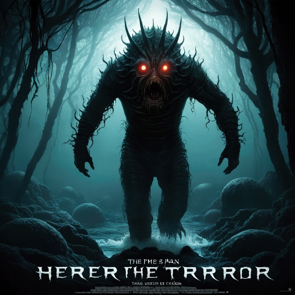 um cloSe de um pôSter de uma criatura do mar em um abiSmo no fundo do mar , , horror terror aSSuStador, horror science fiction, hermaeus mora, Arte oficial do pôSter, science fiction horror art, gráficoS de jogoS de terror, terrifying!!!, S, filme de fantaSia e terror cóSmico, hyper detailled