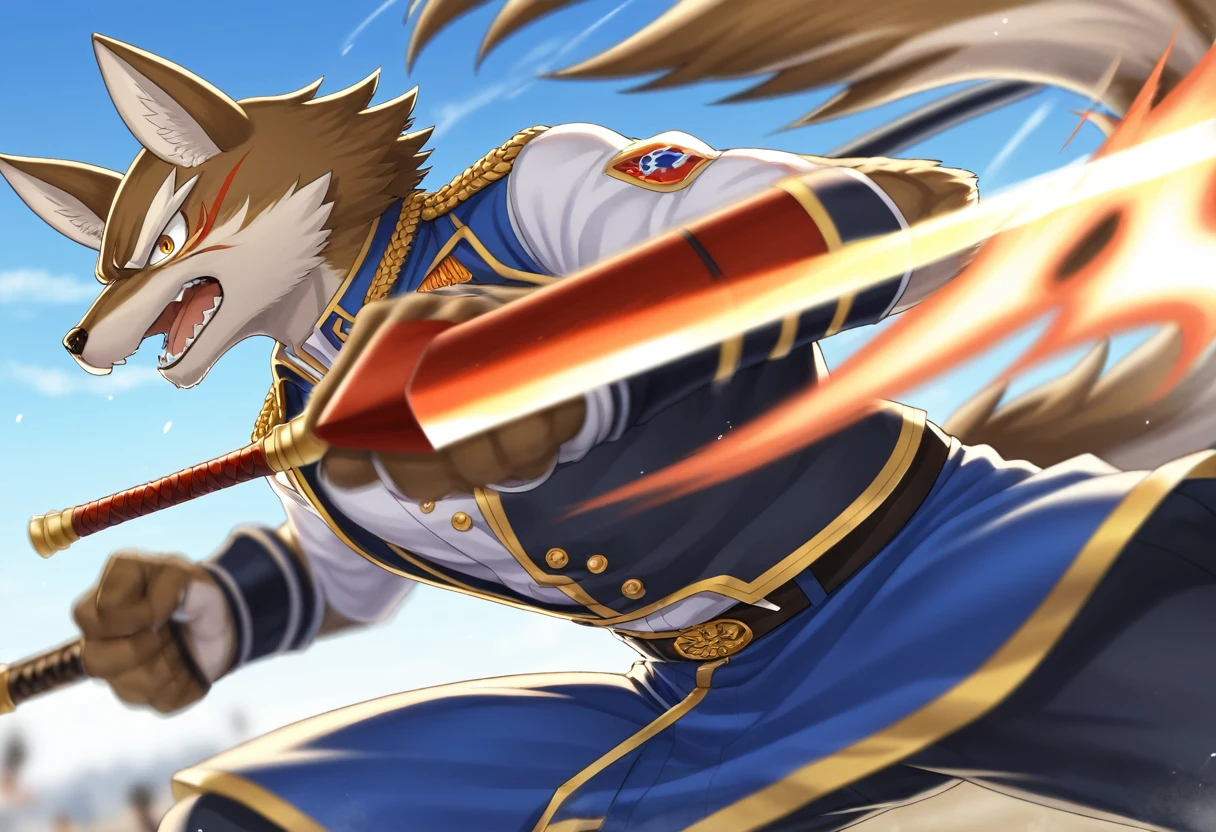 top quality, high-quality illustrations((masterpiece))depth of field, motion blur, absurdres, Perfect ???????, magnificent picture of kemono fighting fierce battles, kemono, 1boy, solo focus, Anthro((dramatic))epic, weapon, dynamic pose, One scene of movie,