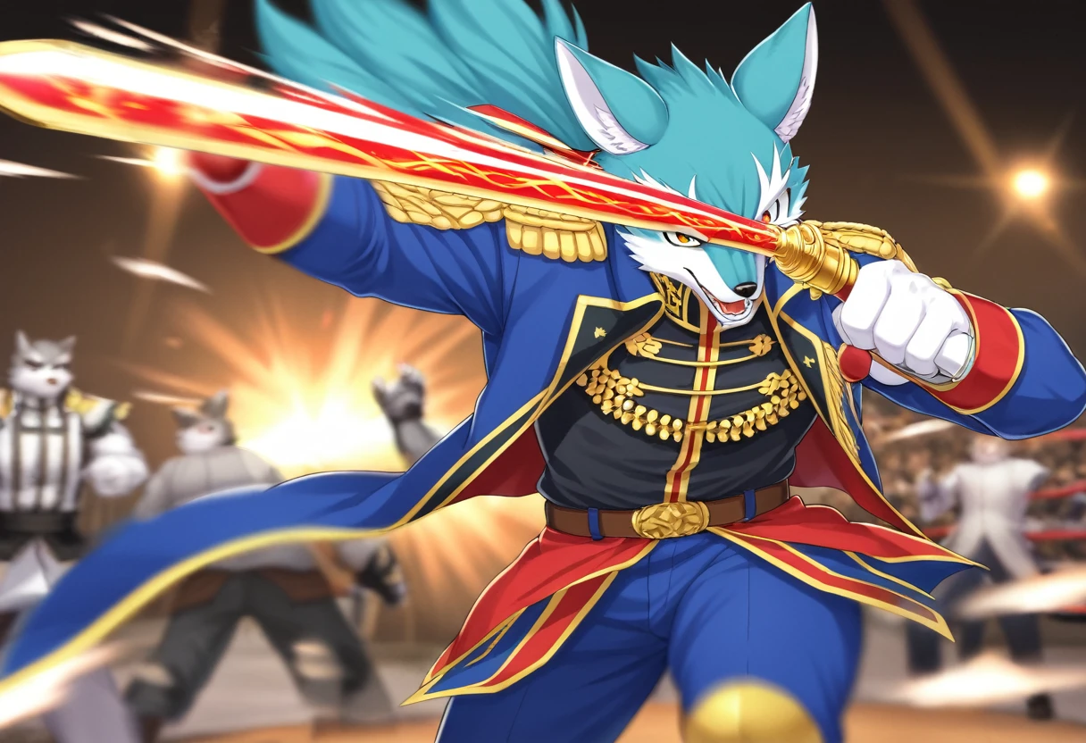 top quality, high-quality illustrations((masterpiece))depth of field, motion blur, absurdres, Perfect Anatomy, magnificent picture of kemono fighting fierce battles, kemono, 1boy, solo focus, Anthro((dramatic))epic, weapon, dynamic pose, One scene of movie,