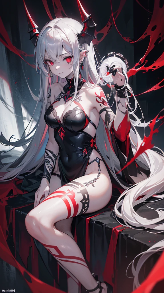(Ashenhardt Style:1.4), masterpiece, 最high quality, high quality,(Glows dark red、Red eyes、darknessに囲まれた、Formless dark creature:1.2), (profile), (darkness:1.2), Abstraction, deep sea, Award-winning photography, Depth of written boundary, High resolution, Very detailed, Art Station Trends, CGSociety Trends, Complex, Attention to detail,(masterpiece:1.2, 最high quality), (Best lighting, Very delicate and beautiful), (Best lighting, Very delicate and beautiful), (美しいAttention to detail顔), (Attention to detail目と顔:1.2), Dark fantasy, (Young girl, Little Beast, One girl, alone, Crazy Smile, Pale skin,19 Piercings,((Tattoos all over the body,Tribal tattoos all over the legs)) Gray Hair, Glowing red eyes, Dynamic Angle, vampire), (get chains, magic circle, Graffiti on the wall, background)),conjuring a demon), Magic Thunder, pointed_ear, tooth,Devil's Wings,Devil horns,There was blood on my face,Rain of blood,Blood Mist,(Depth of written boundary),High Contrast,(Blood splatter:1.4),Cowboy Shot,whole body, Black lace-up thigh-high boots,shout, Sacrifice, Magnificent stage