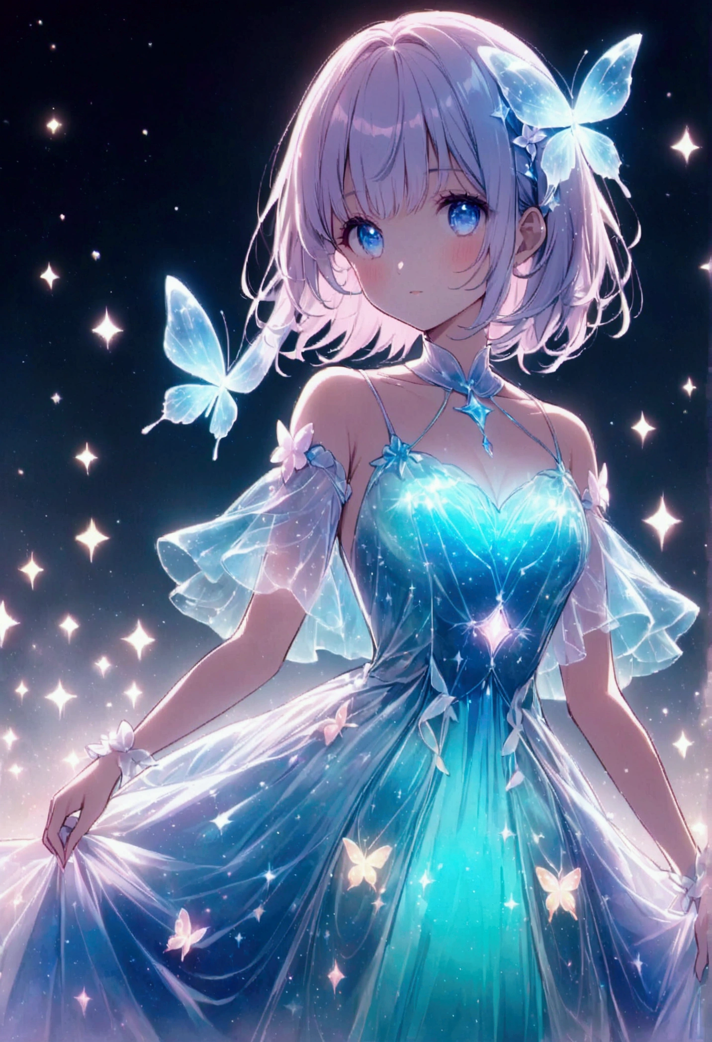 Create an anime-style digital illustration of a young woman。pastel colour,She sparkles in the reflected light、He should be wearing loose, casual white clothing.。Background、The pale pink and blue colors are fantastic.、It creates a dreamlike atmosphere。To enhance the magical atmosphere of the scene、Includes elements such as delicately glowing butterflies and sparkling light effects.。Lighting highlights the character&#39;s features、Adds a soft glow to the surroundings, creating a calm and enchanting atmosphere.。.bioluminescent dress