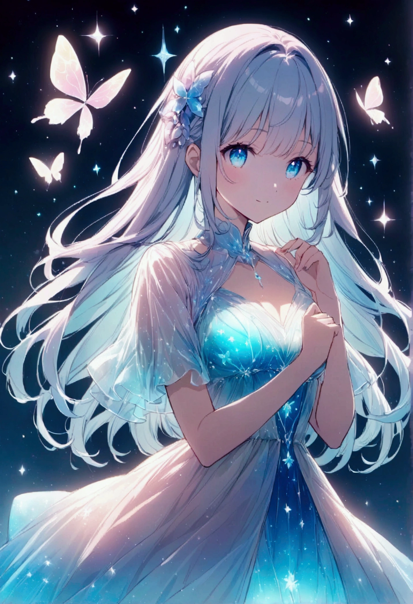 Create an anime-style digital illustration of a young woman。pastel colour,She sparkles in the reflected light、He should be wearing loose, casual white clothing.。Background、The pale pink and blue colors are fantastic.、It creates a dreamlike atmosphere。To enhance the magical atmosphere of the scene、Includes elements such as delicately glowing butterflies and sparkling light effects.。Lighting highlights the character&#39;s features、Adds a soft glow to the surroundings, creating a calm and enchanting atmosphere.。.bioluminescent dress