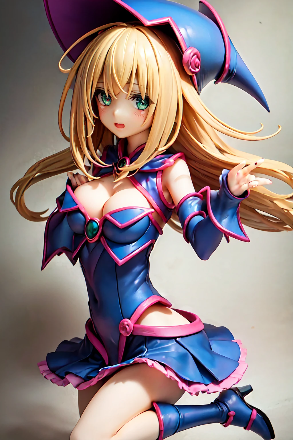 Dark Magician Girl, Super detailed, Very detailed, masterpiece, 最high quality, 最high quality, Absurd, High resolution, Black Magician Girl, (One girl:1.2), alone, Detailed face, Dynamic pose, Hair flow, (whole body:1.1), Blonde, Long Hair, View your viewers, Green Eyes, Detailed skin, chest, Manicure, skirt, Blue footwear, Blue hat, Wizard&#39;s Hat, Cane, I have a hat, (Blue panties:0.9), masterpiece, Very detailed, A magnificent composition, high quality, 最high quality, 4K, (white background:1.5), pedestal , Figures