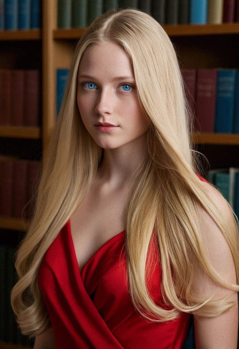 (best quality,realistic:1.2),ultra-detailed,blue-eyed,blonde Scandinavia girl,(very long blonde hair, flowing blonde hair),(With a sexy red dress),(In a photo shoot),(front view,full frontal view),(youthful,attractive,beautiful),(serene expression),(smooth skin),(delicate features),(soft lighting),(calm ambiance),(subtle shadows),(high resolution),library background,vivid colors,shot on Hasselblad